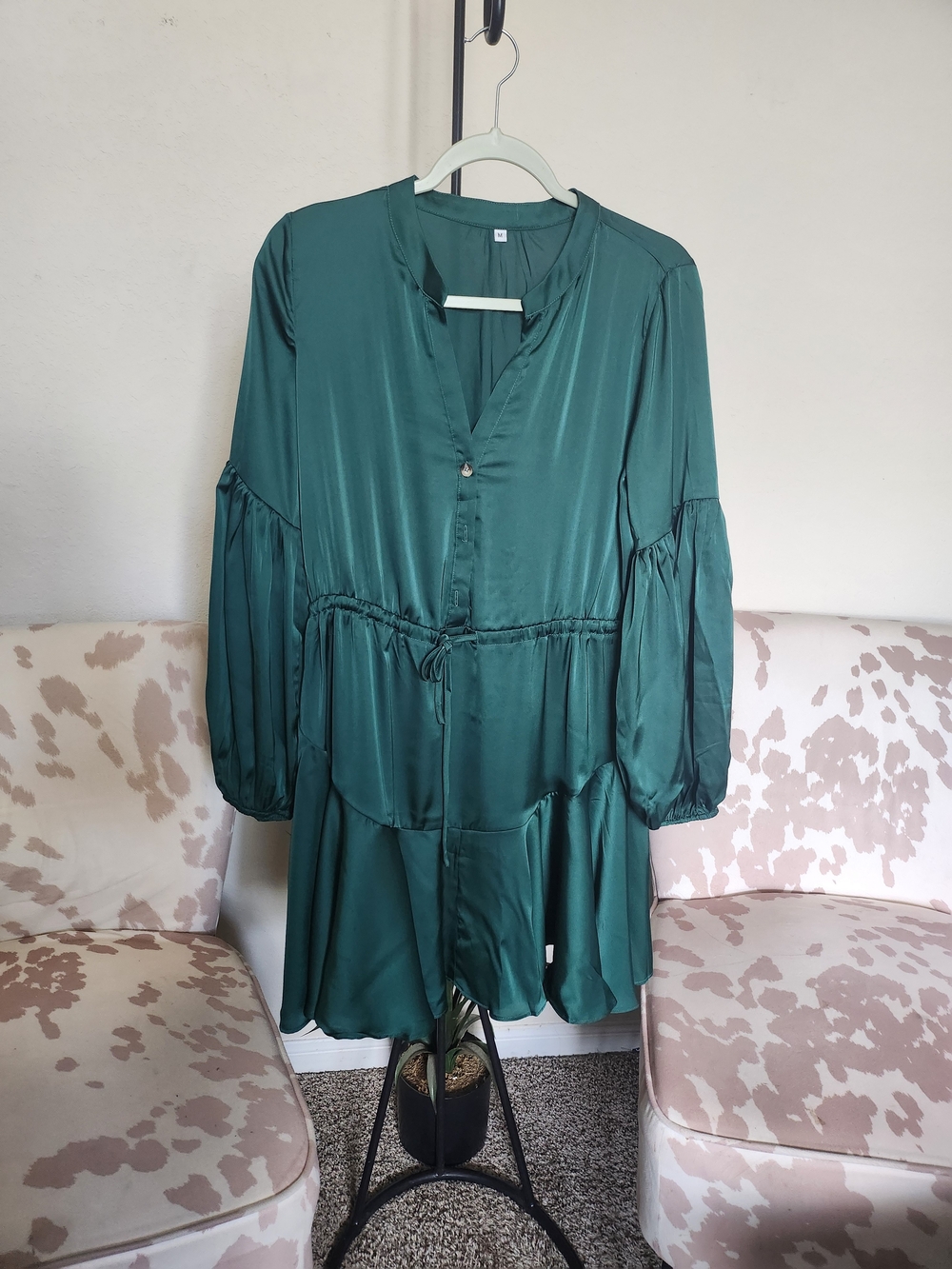 Green Satin Tiered Long Sleeve Mini Dress